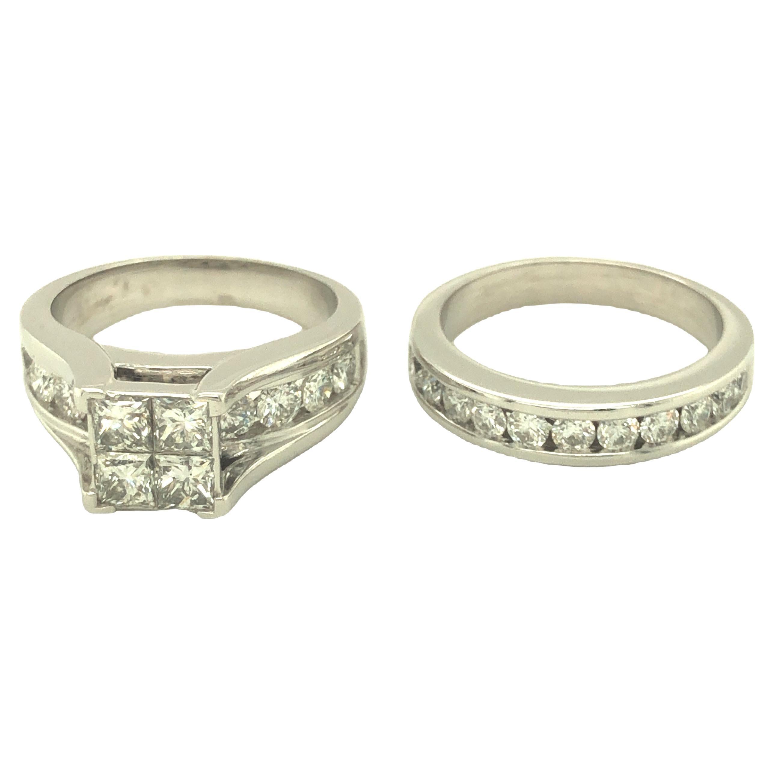 2.80 Carat Total Princess Cut and Round Brilliant Diamond Ring Set 14K WhiteGold For Sale