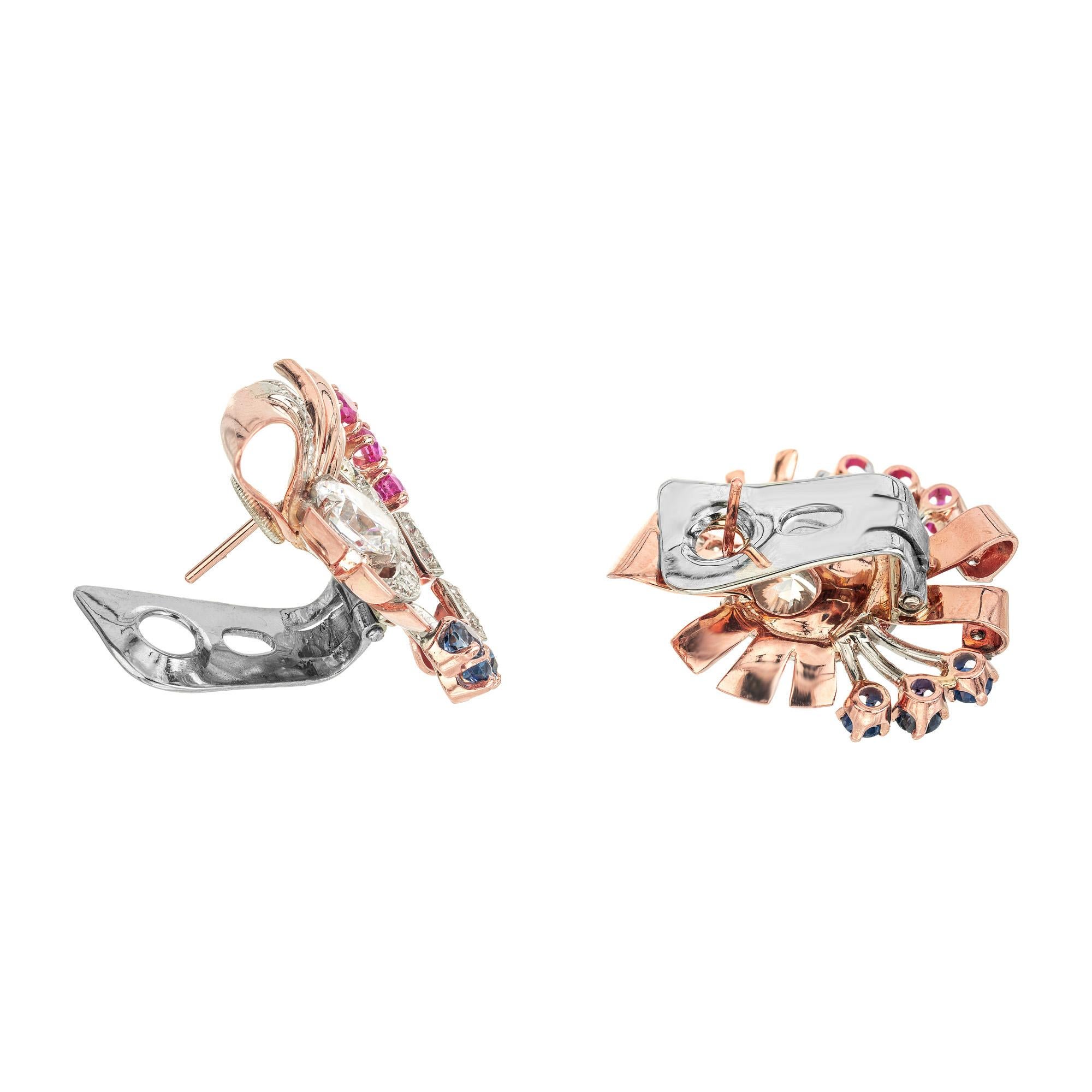 2,80 Karat Weißer Saphir Rubin Diamant Zweifarbige Gold Clip Post Wirbel Ohrringe (Rundschliff) im Angebot