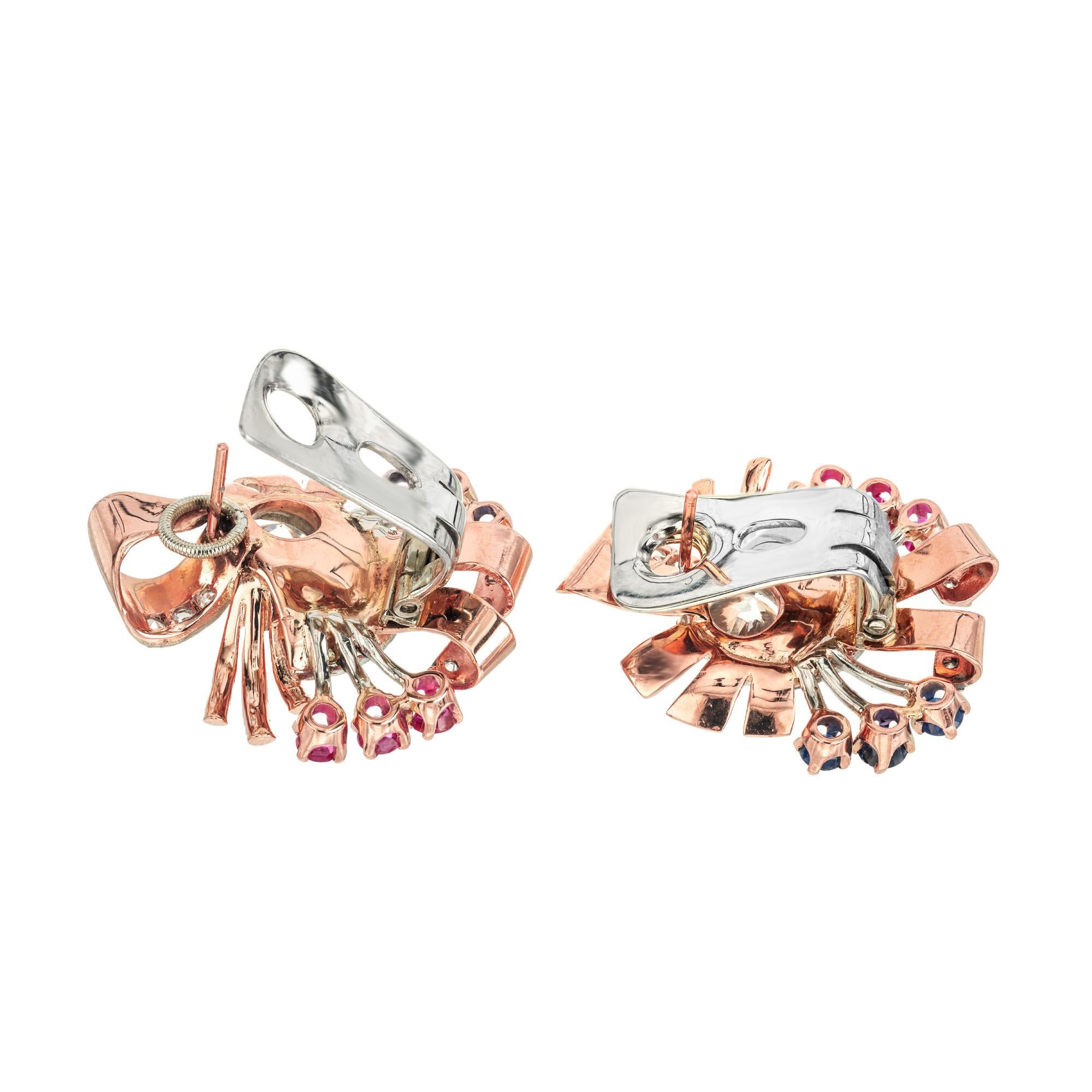 2,80 Karat Weißer Saphir Rubin Diamant Zweifarbige Gold Clip Post Wirbel Ohrringe im Zustand „Gut“ im Angebot in Stamford, CT