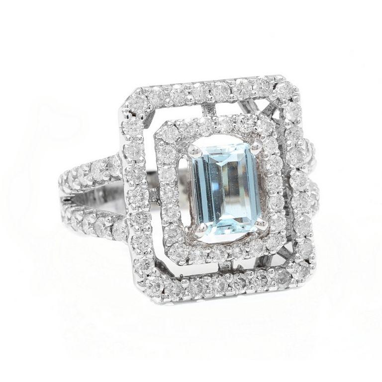 2.80 Carats Natural Aquamarine and Diamond 14K Solid White Gold Ring

Total Natural Emerald Cut Aquamarine Weights: Approx. 1.20 Carats

Aquamarine Measures: Approx. 8.00 x 6.00mm

Aquamarine Treatment: Heat

Natural Round Diamonds Weight: Approx.