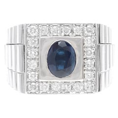 Anillo para hombre de oro blanco macizo de 14 quilates con diamante natural y zafiro azul de 2,80 quilates