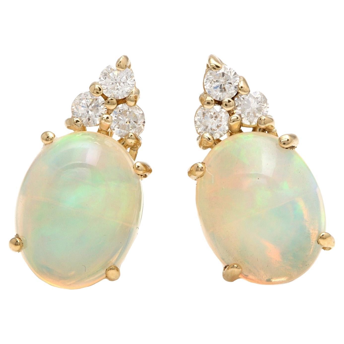 2.80 Carats Natural Opal and Diamond 14K Solid Yellow Gold Stud Earrings