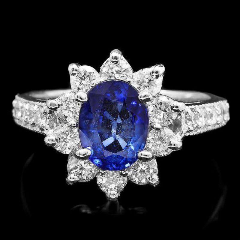 Mixed Cut 2.80 Carats Natural Sapphire and Diamond 14K Solid White Gold Ring For Sale