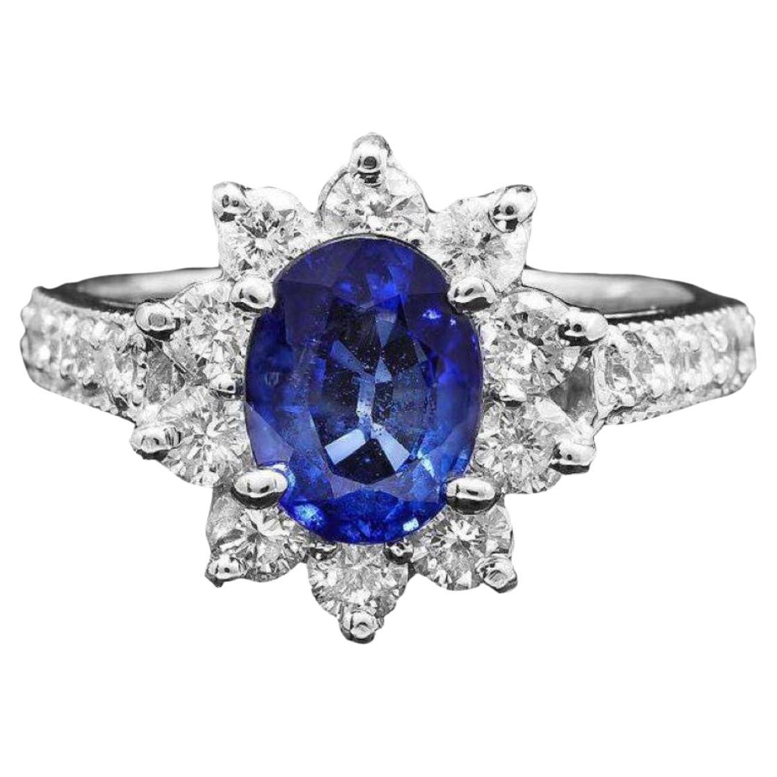 2.80 Carats Natural Sapphire and Diamond 14K Solid White Gold Ring For Sale