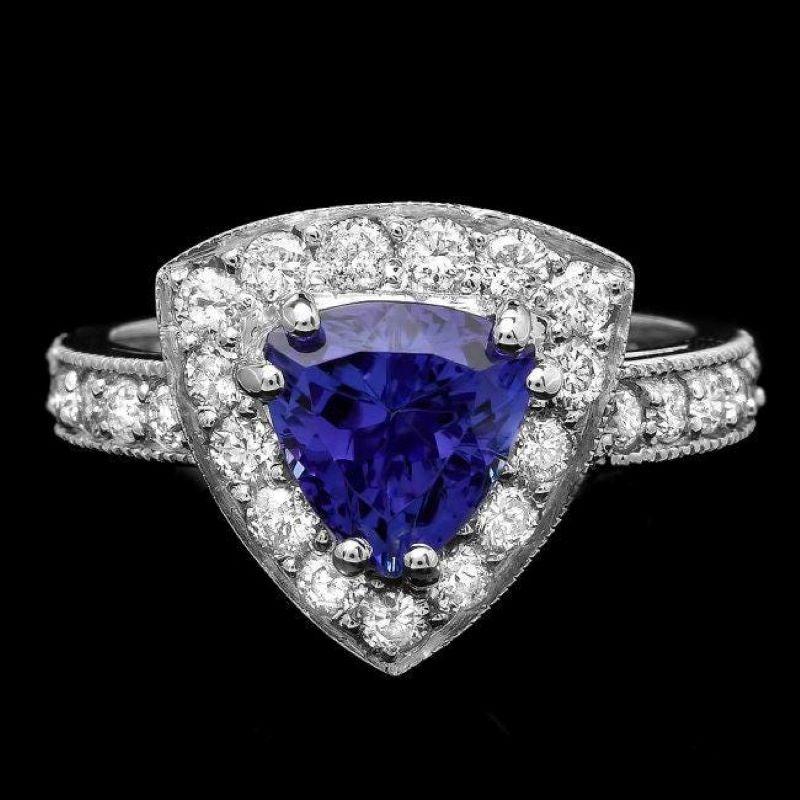 Mixed Cut 2.80 Carats Natural Tanzanite and Diamond 14K Solid White Gold Ring For Sale