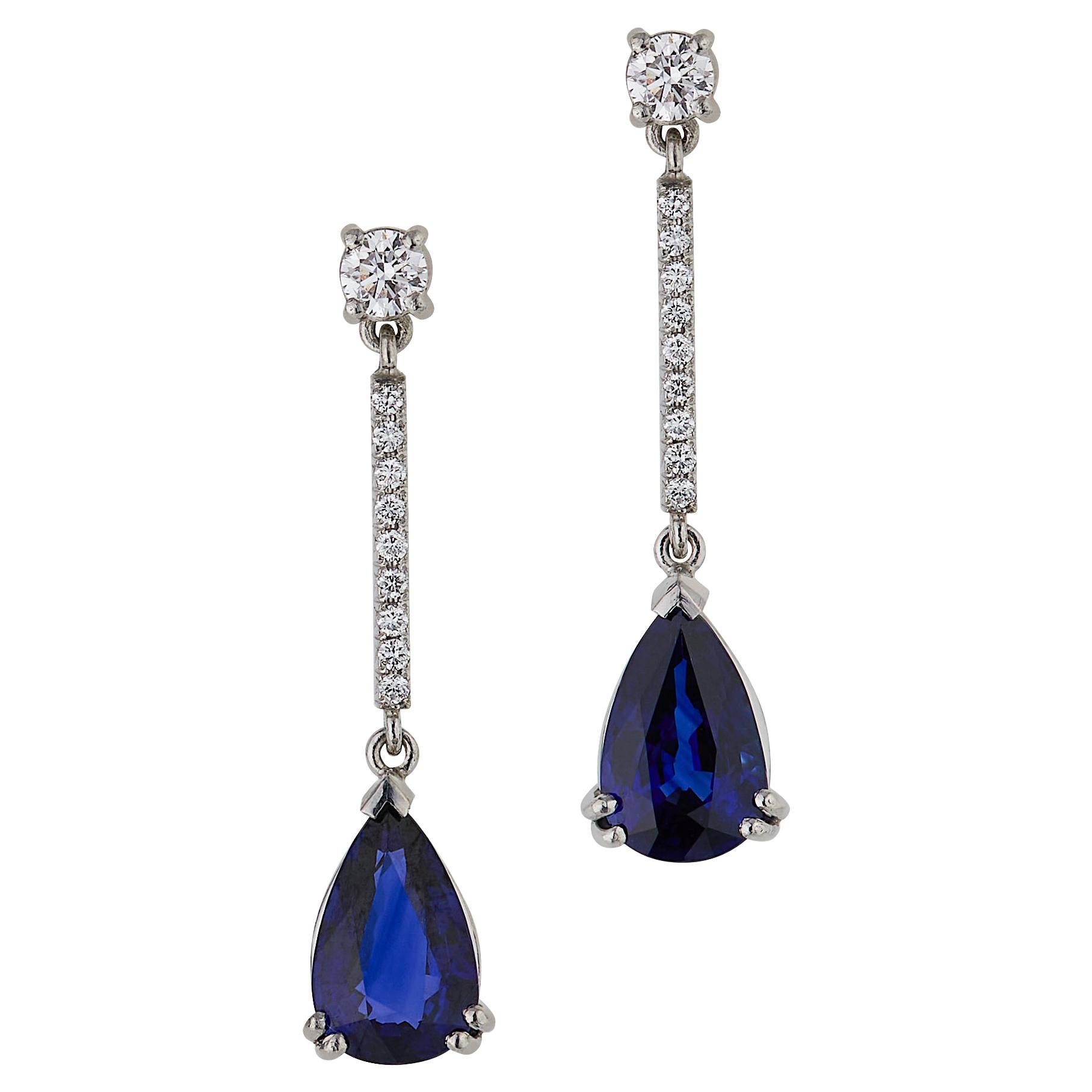 2.80 Carats Sapphire and Diamond Drop Earrings in Platinum For Sale