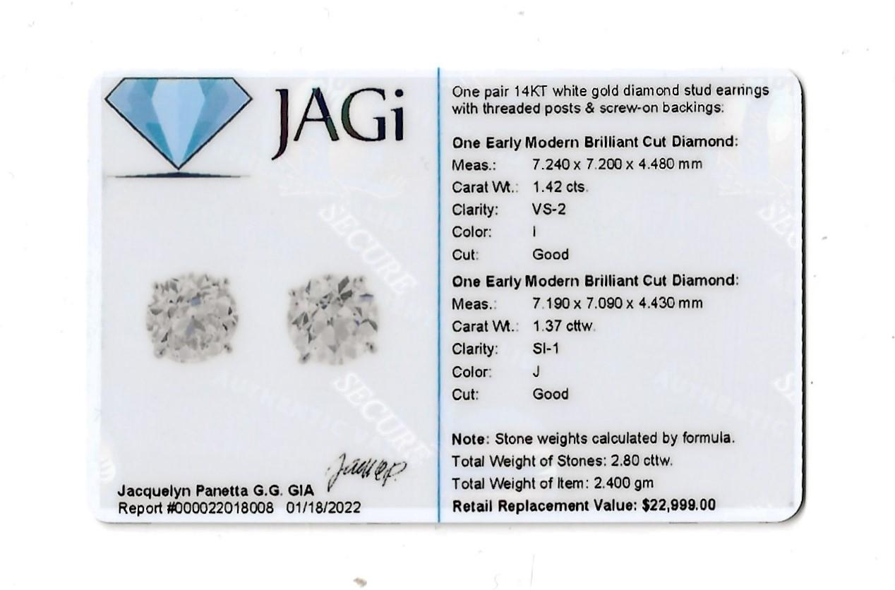 2.80 Carats Total Early Modern Brilliant Solitaire Diamond Stud Earrings in Gold For Sale 9