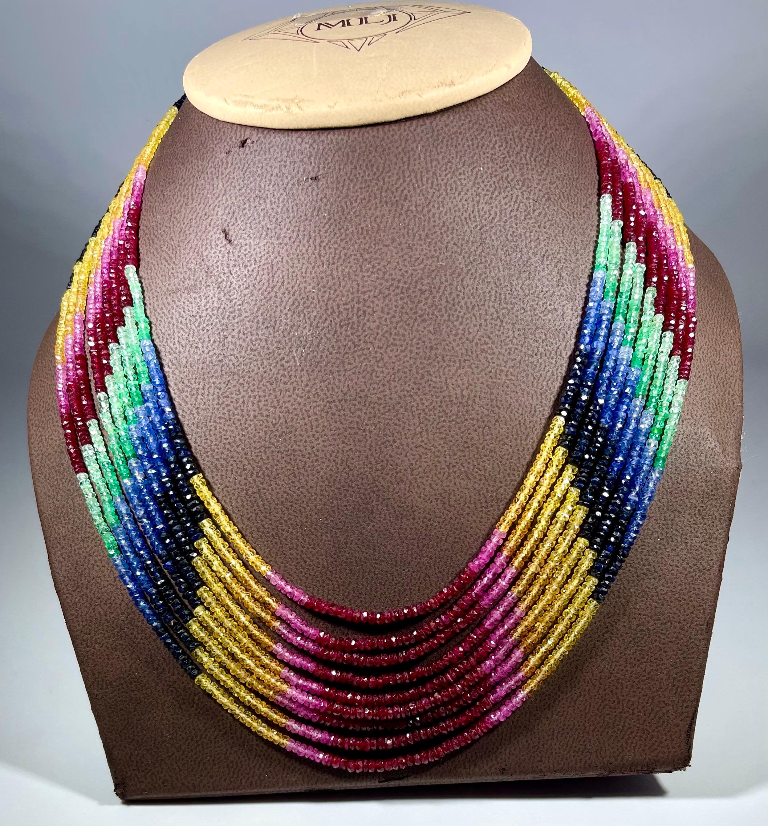 280 Ct 9 Layer Natural Emerald Ruby & Sapphire Bead Necklace 14K Gold Adjustable For Sale 7