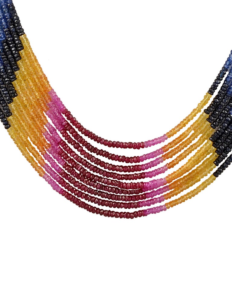 280 Ct 9 Layer Natural Emerald Ruby and Sapphire Bead Necklace 14K Gold ...