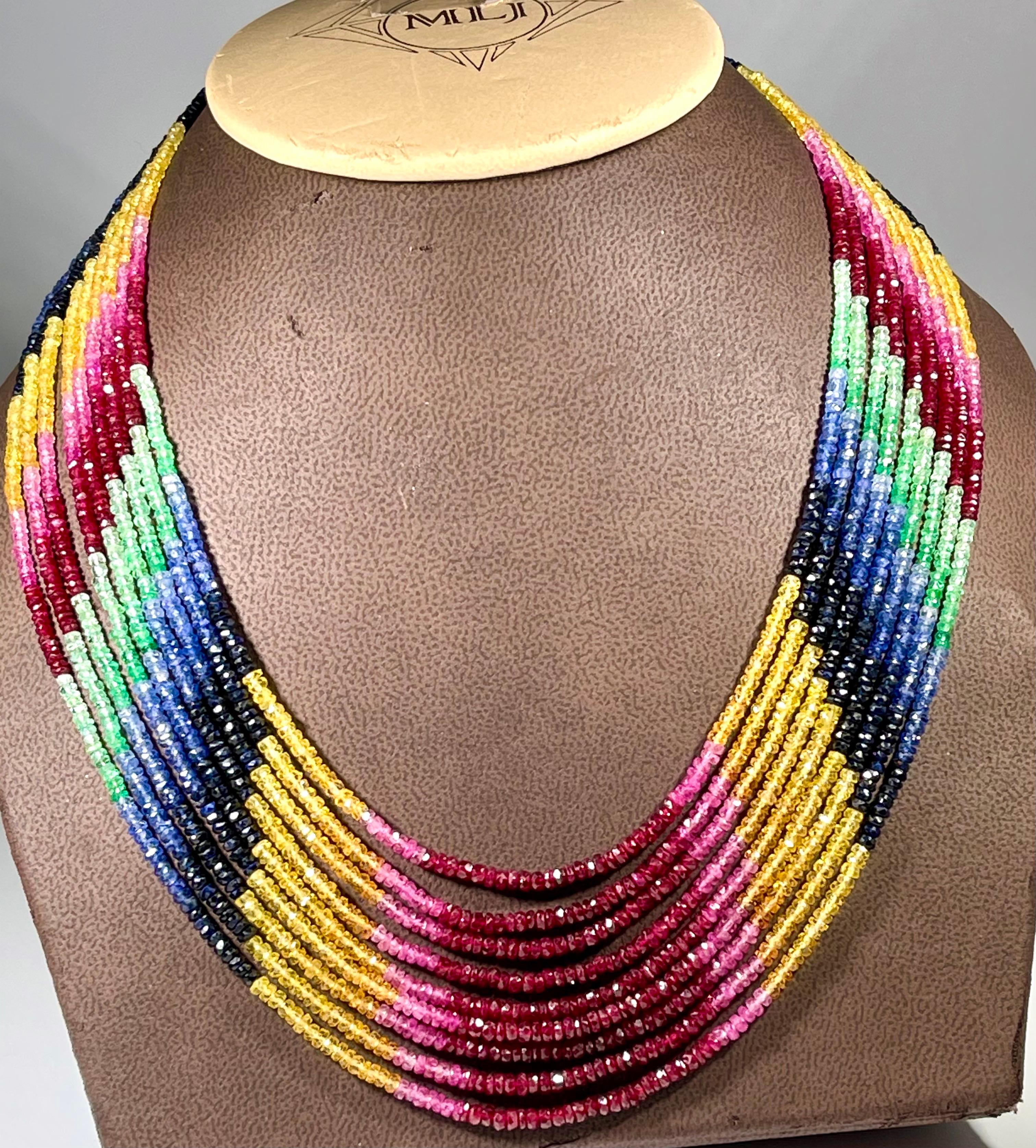 280 Ct 9 Layer Natural Emerald Ruby & Sapphire Bead Necklace 14K Gold Adjustable For Sale 1