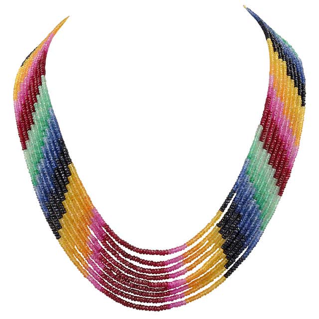70ct Single Layer Natural Emerald Ruby and Sapphire Bead Necklace 14k ...