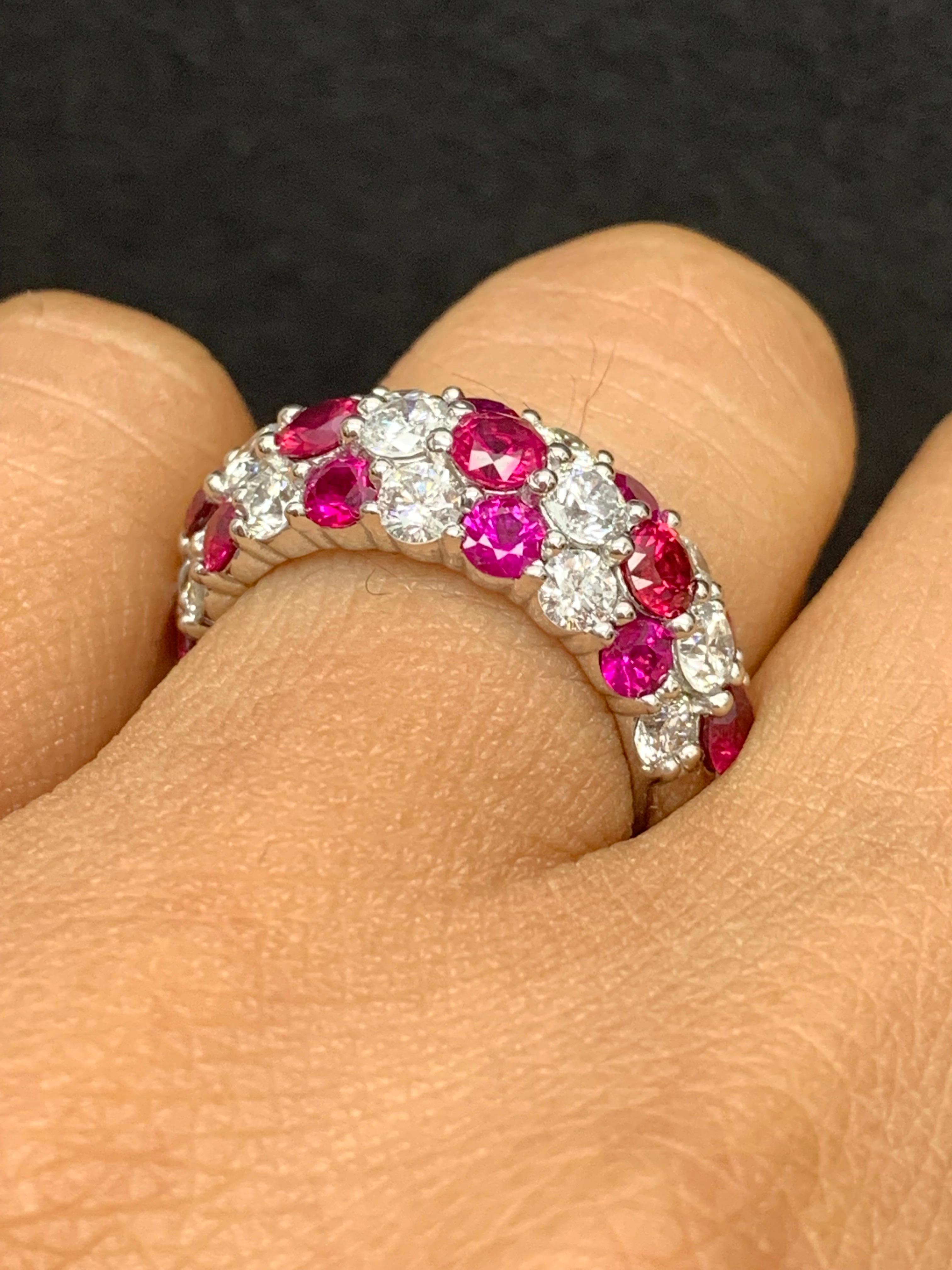 Round Cut 2.80 Ct Round Shape Ruby and Diamond Dome ZicZac Band Ring 14K White Gold For Sale
