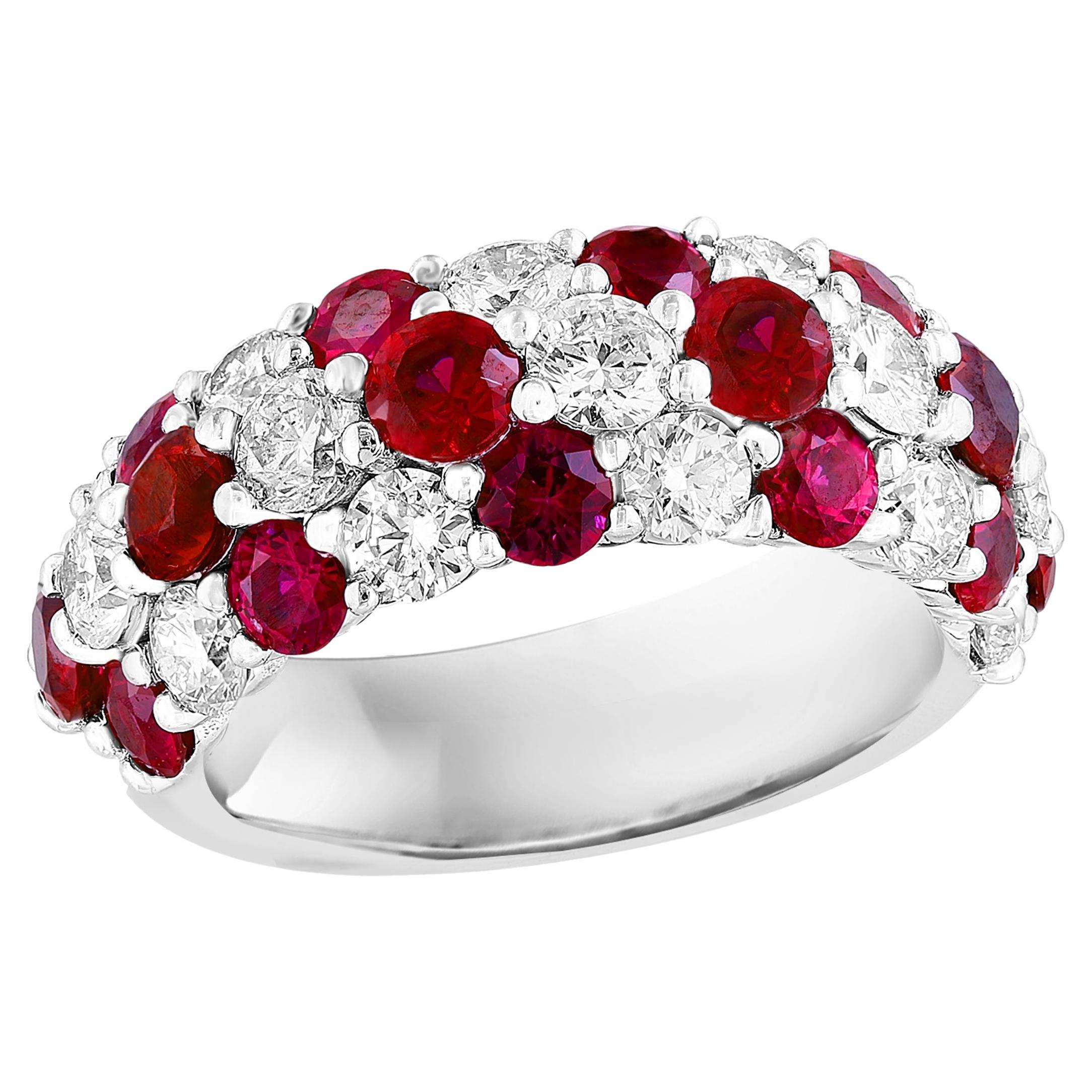 2.80 Ct Round Shape Ruby and Diamond Dome ZicZac Band Ring 14K White Gold For Sale
