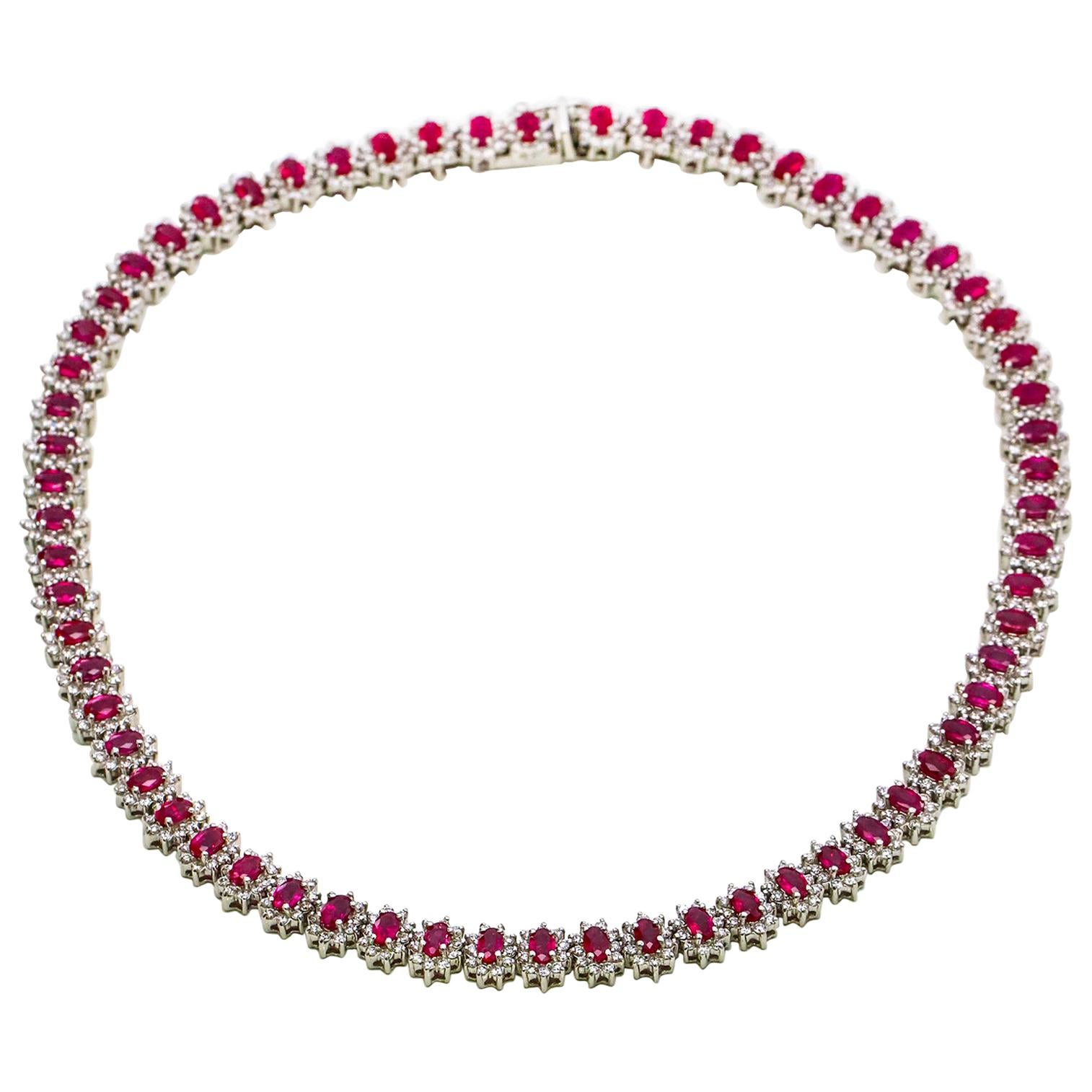 28.00 Carat 14 Karat Gold Burma Ruby Diamond Tennis Necklace GemLab Appraisal For Sale