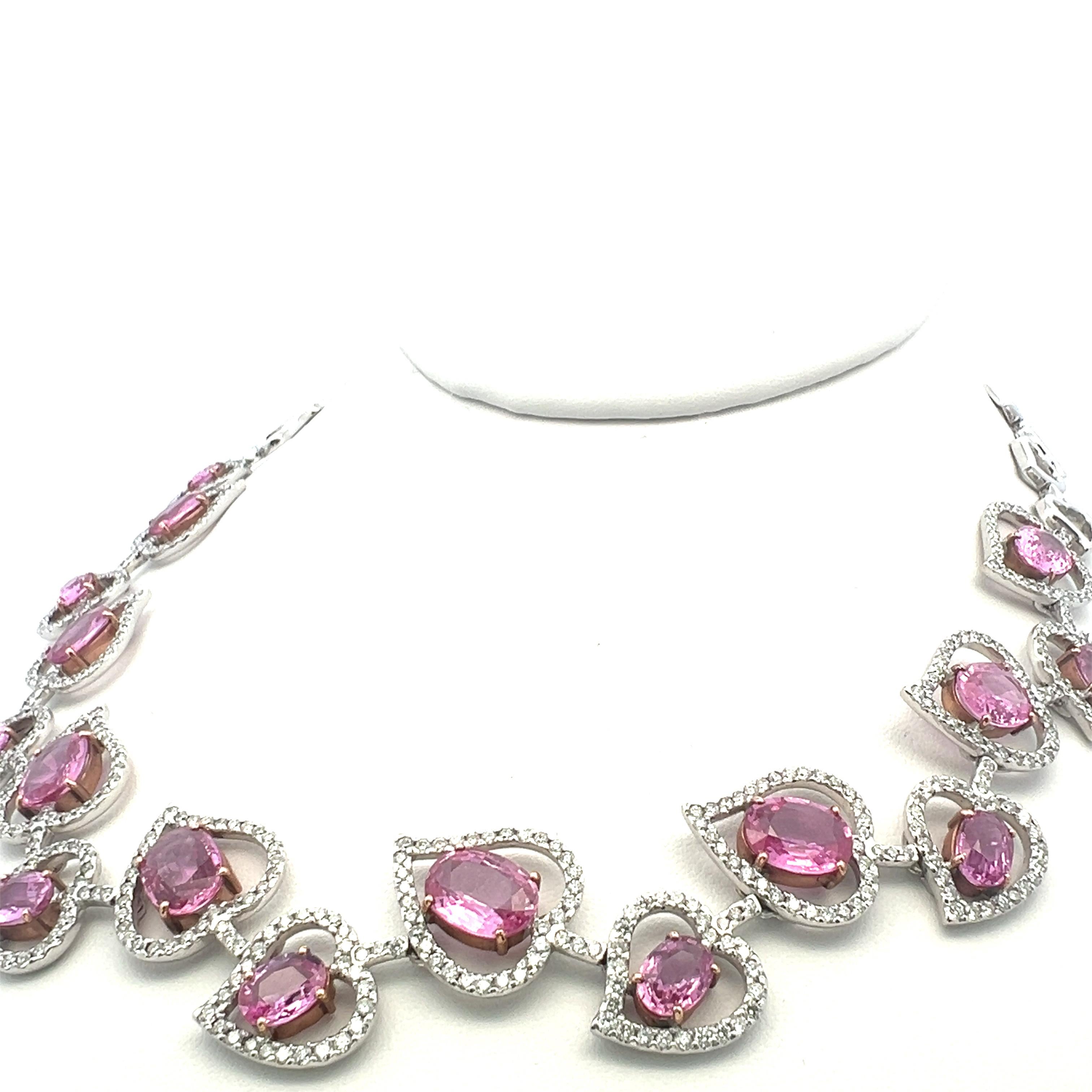 28.00 Carat Pink Sapphire 10.62 Carat Round Diamond 18K WG Statement Necklace 5
