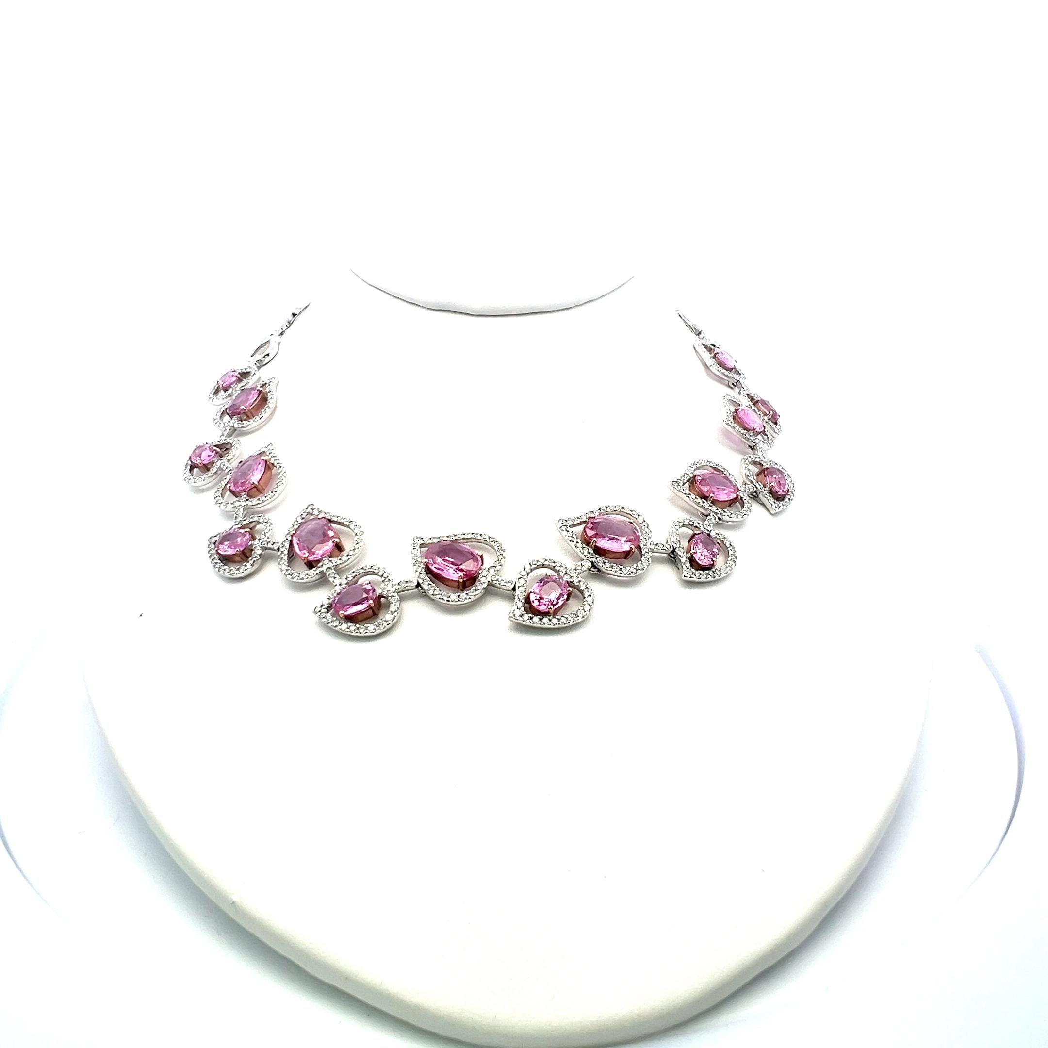 Round Cut 28.00 Carat Pink Sapphire 10.62 Carat Round Diamond 18K WG Statement Necklace