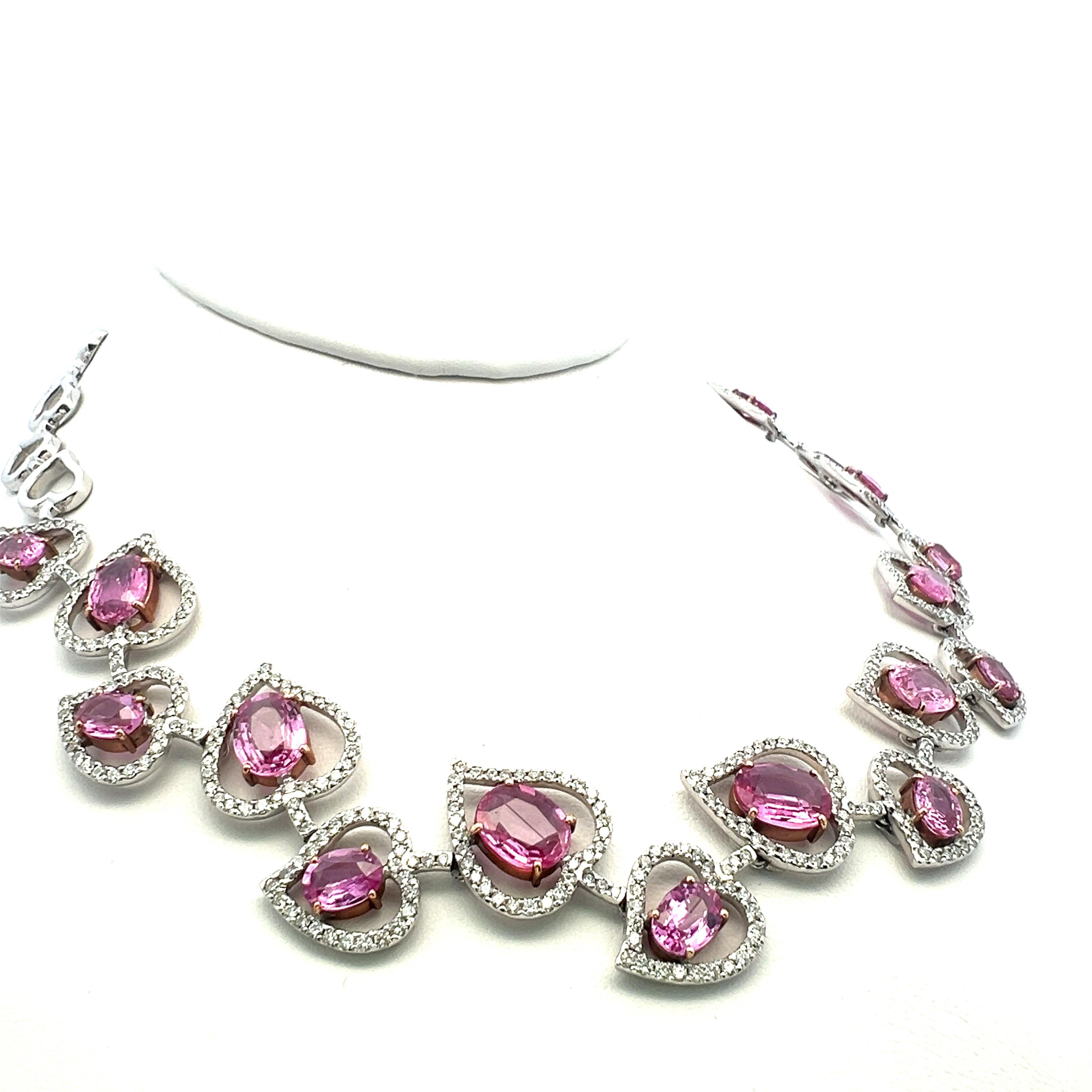 28.00 Carat Pink Sapphire 10.62 Carat Round Diamond 18K WG Statement Necklace 2