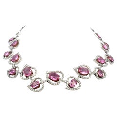 28.00 Carat Pink Sapphire 10.62 Carat Round Diamond 18K WG Statement Necklace