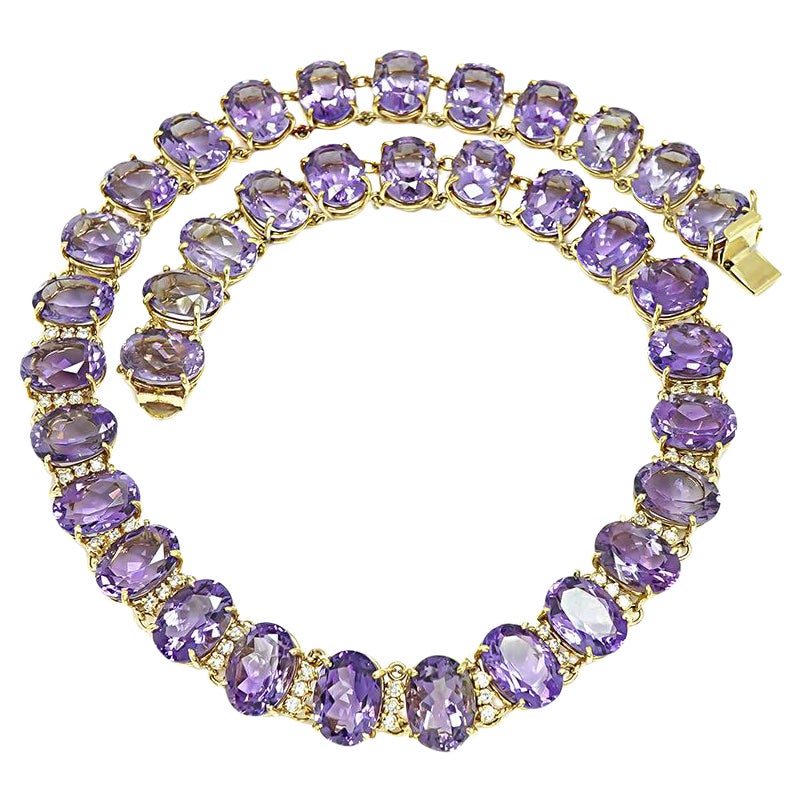 280.00ct Amethyst 1.50ct Diamond Gold Necklace For Sale
