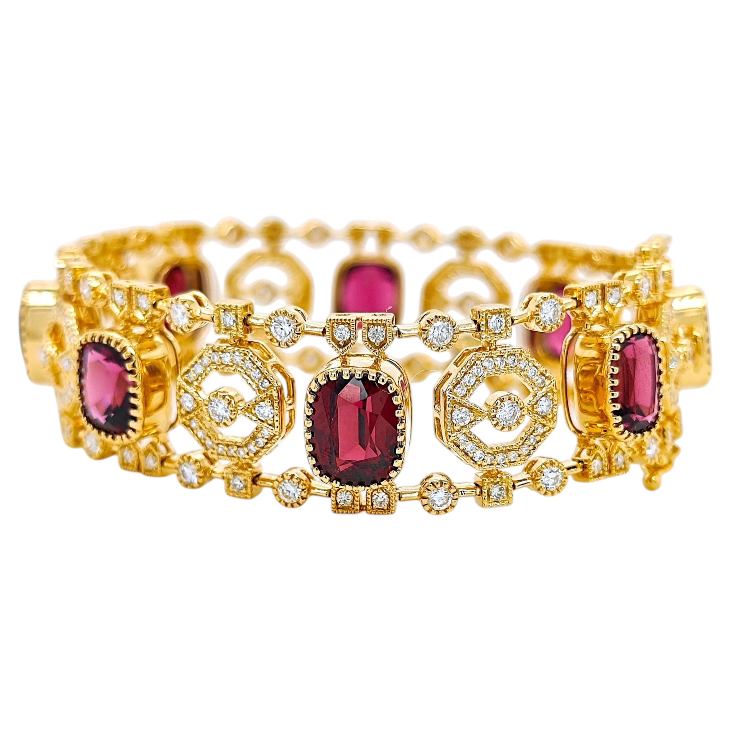 28.01 Carat Rhodolite No Heat Round Diamond Yellow Gold Bracelet
