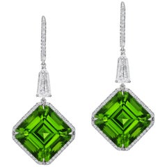 28.01 Carat Vivid Green Asscher Cut Peridot Platinum Earrings