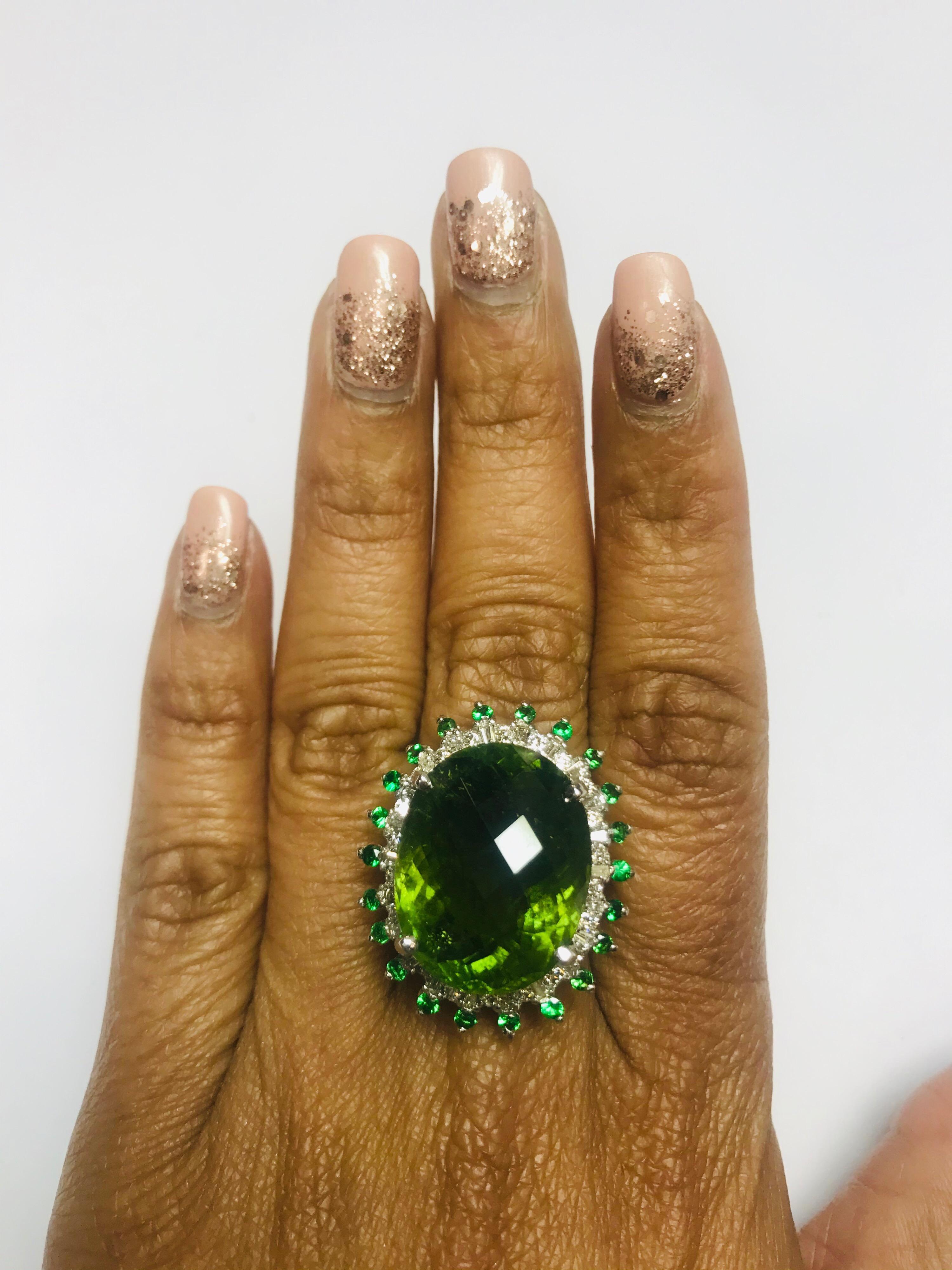 Oval Cut 28.03 Carat Green Tourmaline Tsavorite Diamond 14 Karat White Gold Cocktail Ring For Sale