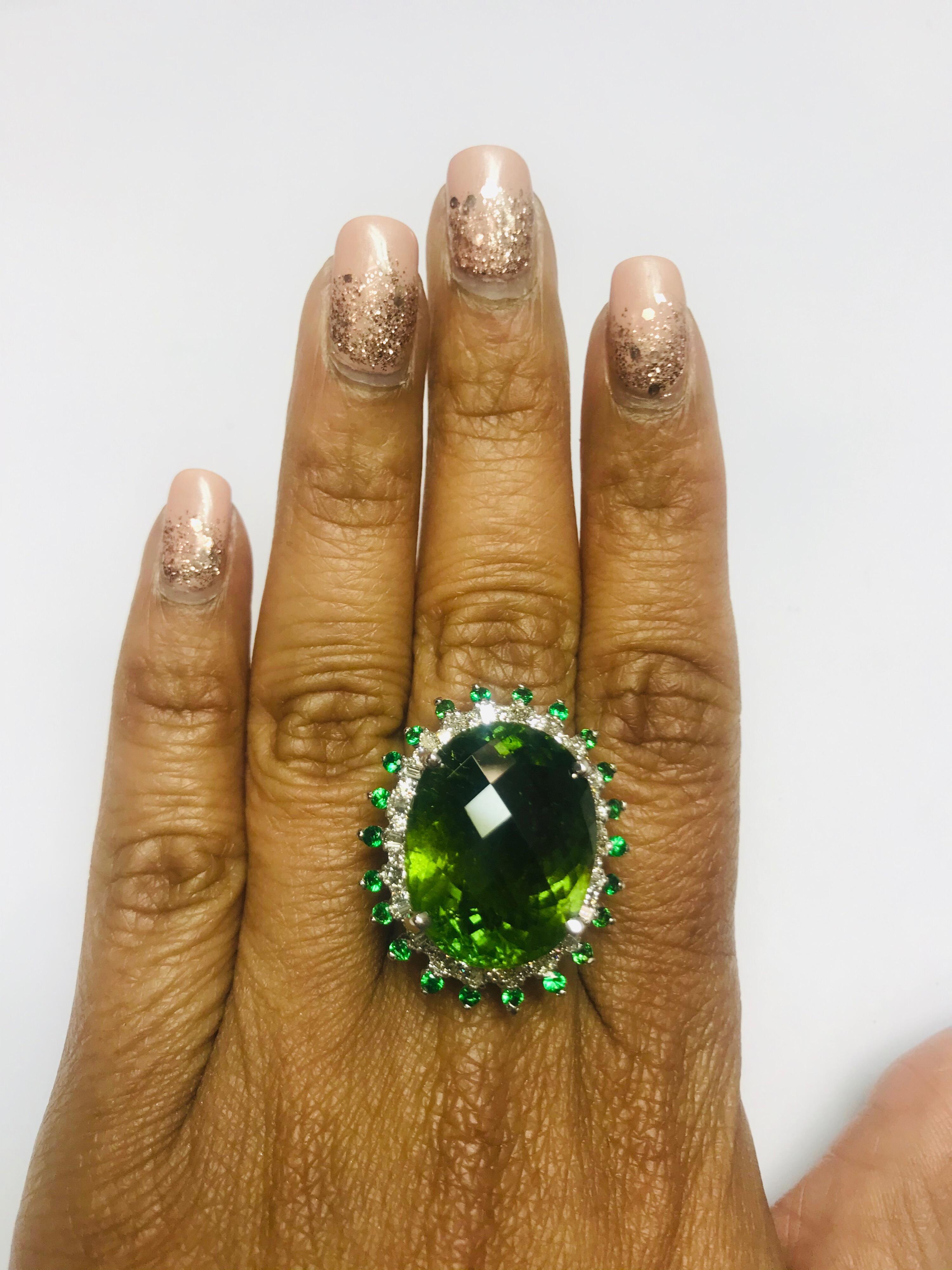 28.03 Carat Green Tourmaline Tsavorite Diamond 14 Karat White Gold Cocktail Ring In New Condition For Sale In Los Angeles, CA