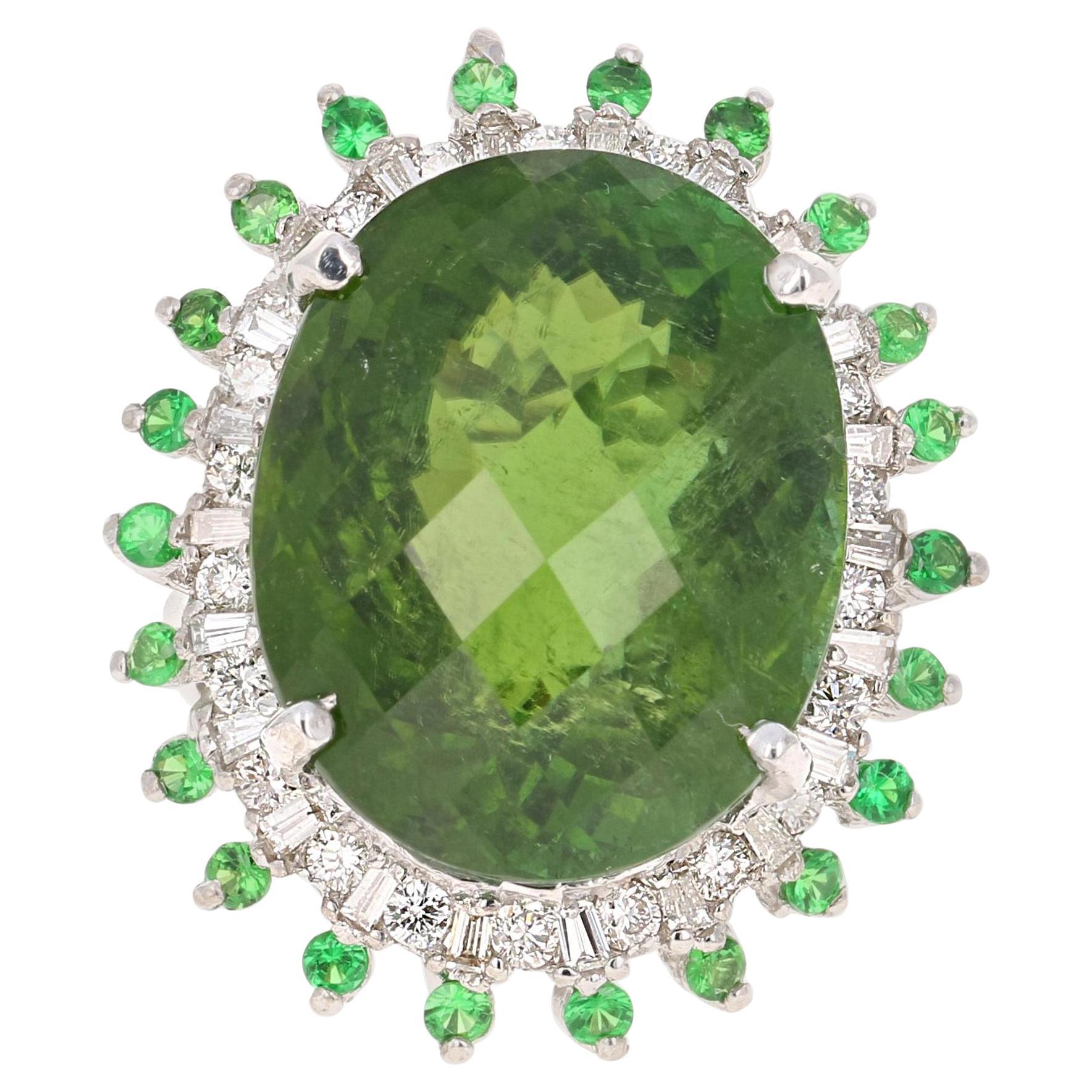 28.03 Carat Green Tourmaline Tsavorite Diamond 14 Karat White Gold Cocktail Ring