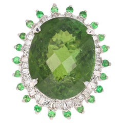 28.03 Carat Green Tourmaline Tsavorite Diamond 14 Karat White Gold Cocktail Ring