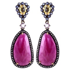28.09 Carat Ruby, Multi-Sapphire, and Diamond Drop Earrings in Art-Deco Style