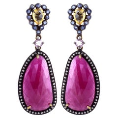 28.09 Carat Ruby, Multi-Sapphire, and Diamond Drop Earrings in Art-Deco Style