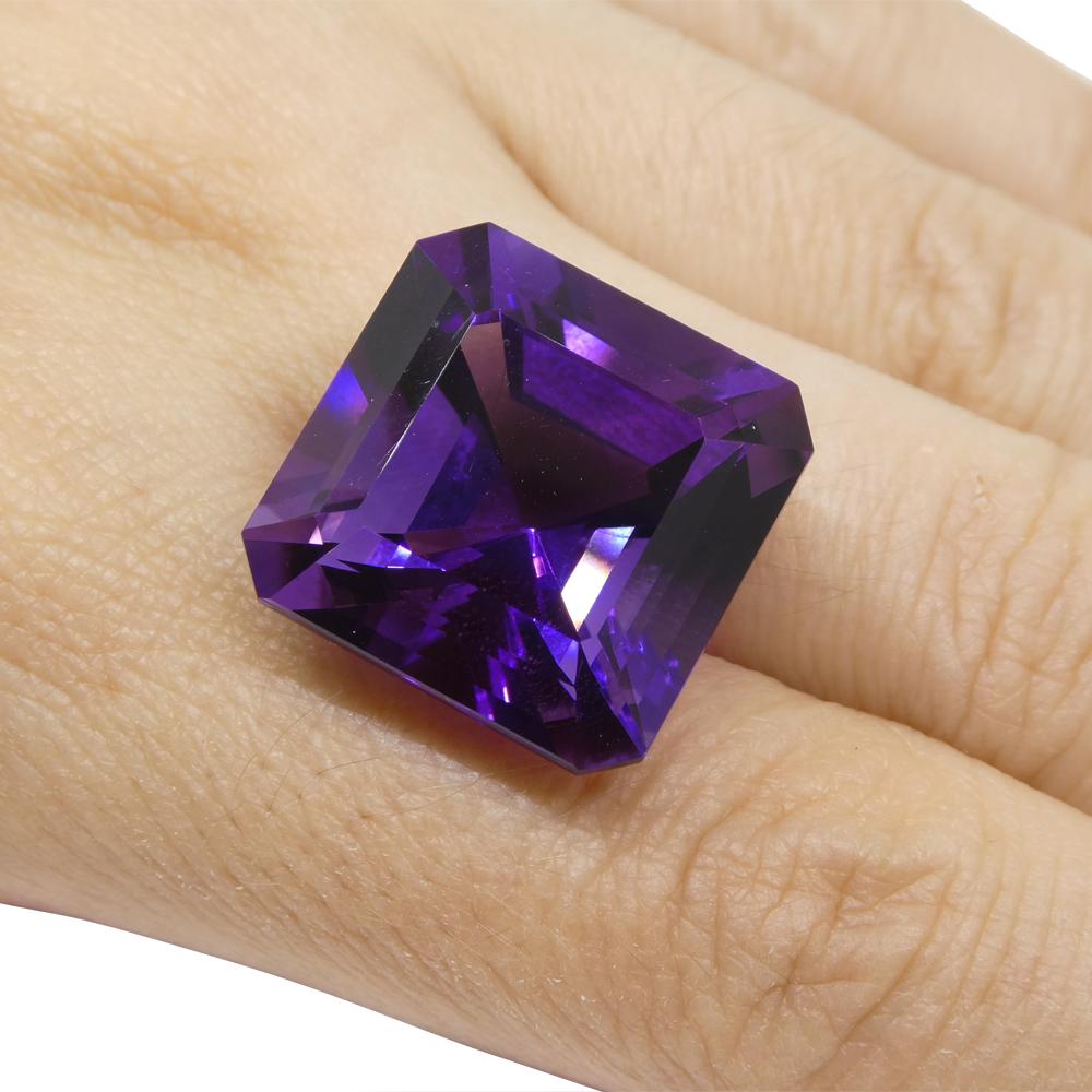 Description:

Gem Type: Amethyst
Number of Stones: 1
Weight: 28.09 cts
Measurements: 18.29 x18.08 x 13.92 mm
Shape: Cut Corner Square
Cutting Style:
Cutting Style Crown: Step Cut
Cutting Style Pavilion: Step Cut
Transparency: Transparent
Clarity: