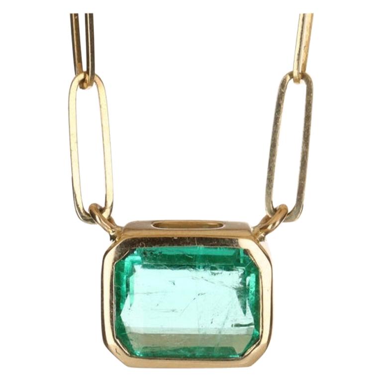 2.80ct 14K East to West Colombian Emerald Cut Necklace Paper Clip Chain