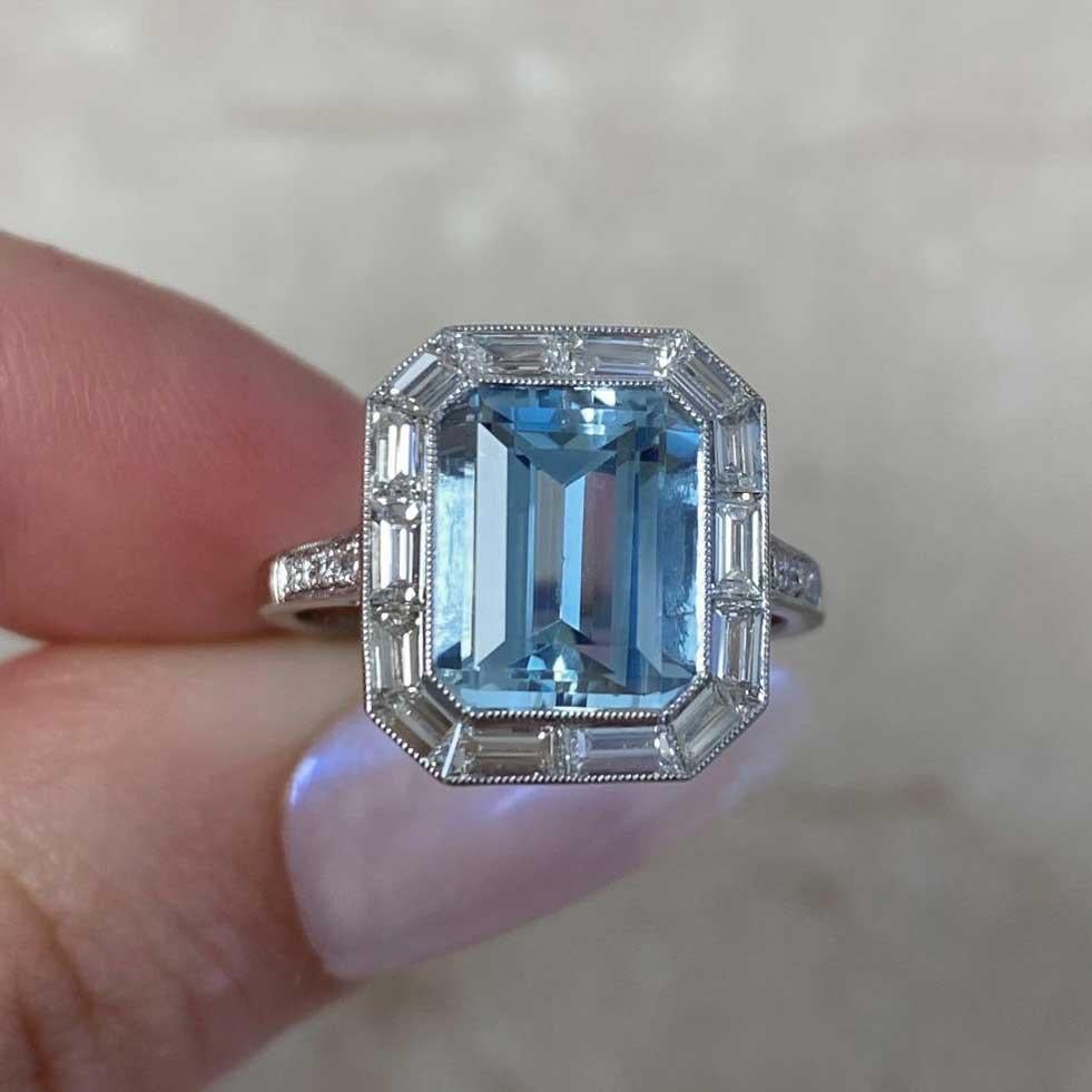 2.80ct Emerald Cut Aquamarine Cocktail Ring, Diamond Halo, Platinum For Sale 5