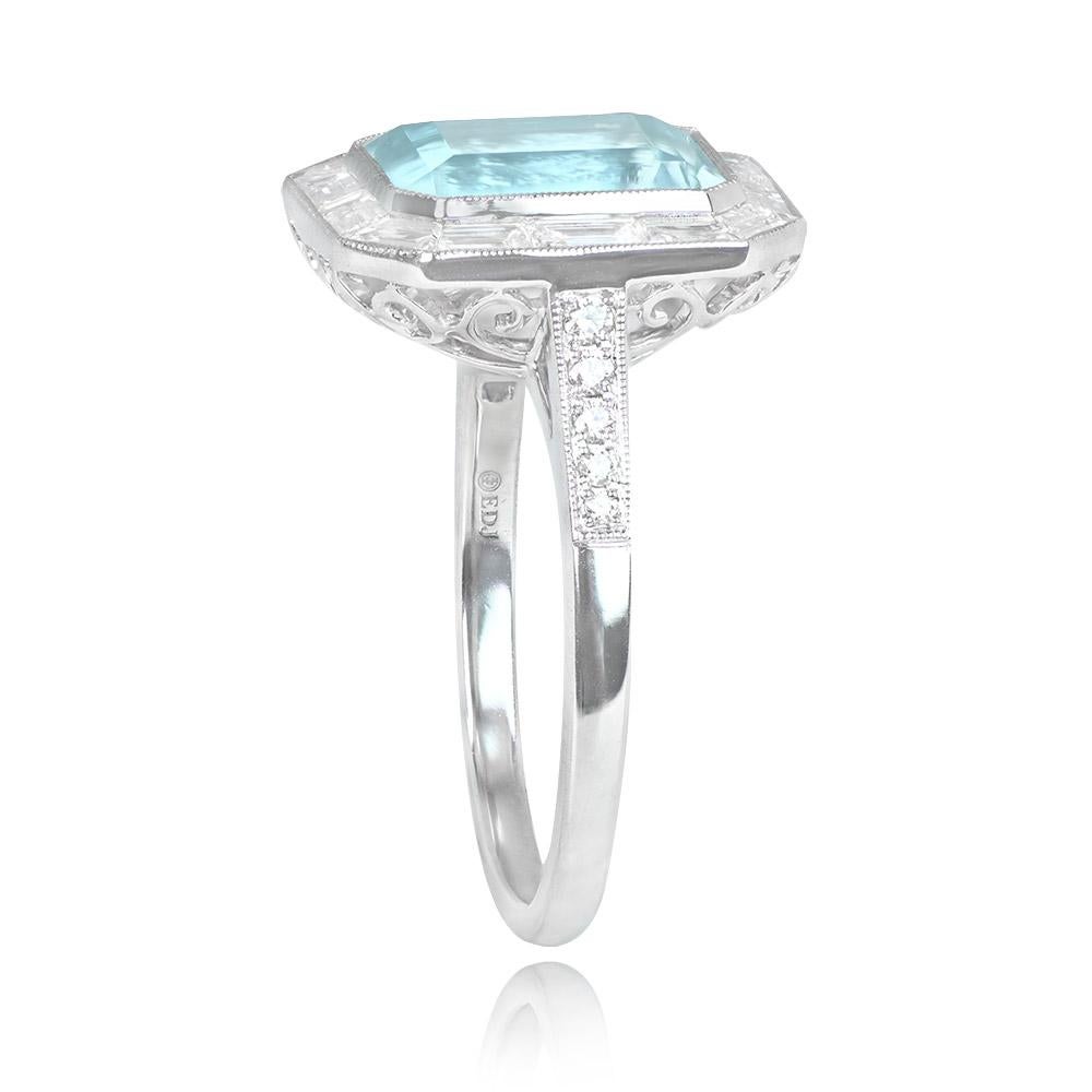 Art Deco 2.80ct Emerald Cut Aquamarine Cocktail Ring, Diamond Halo, Platinum For Sale