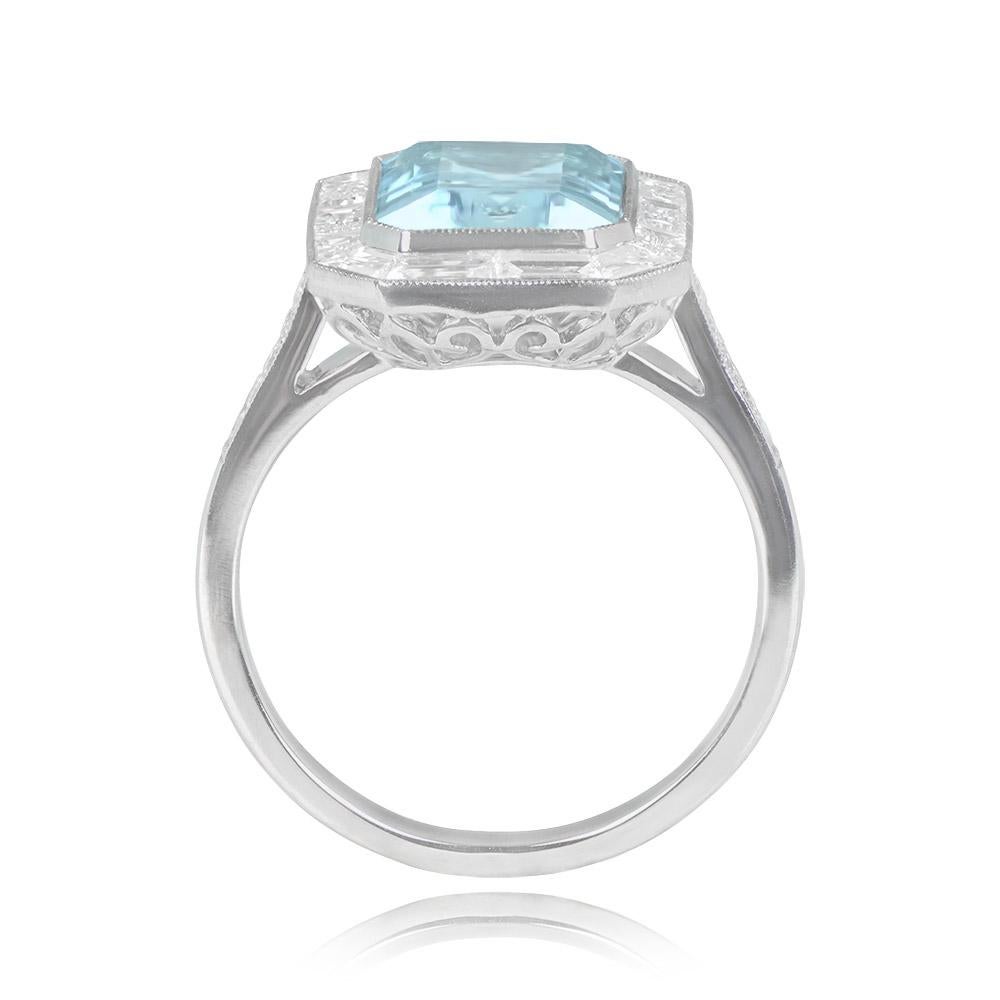 2.80ct Emerald Cut Aquamarine Cocktail Ring, Diamond Halo, Platinum In Excellent Condition For Sale In New York, NY