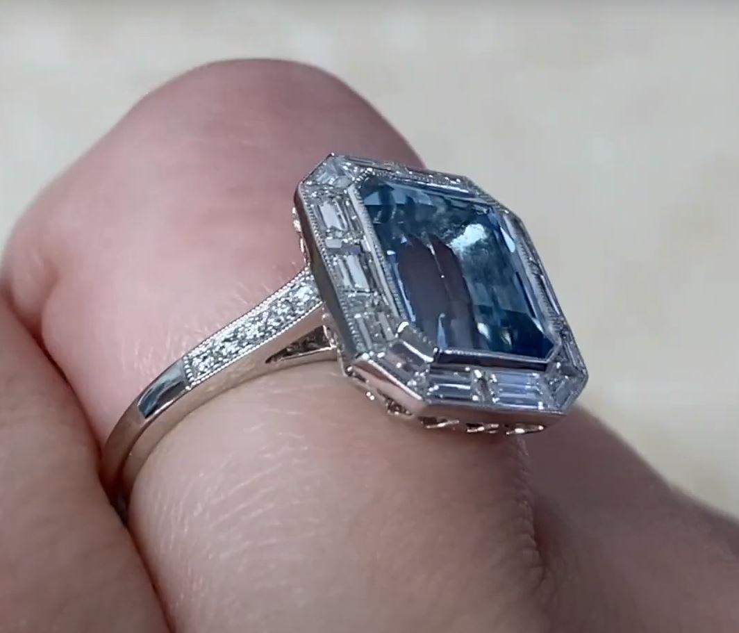 2.80ct Emerald Cut Aquamarine Cocktail Ring, Diamond Halo, Platinum For Sale 1