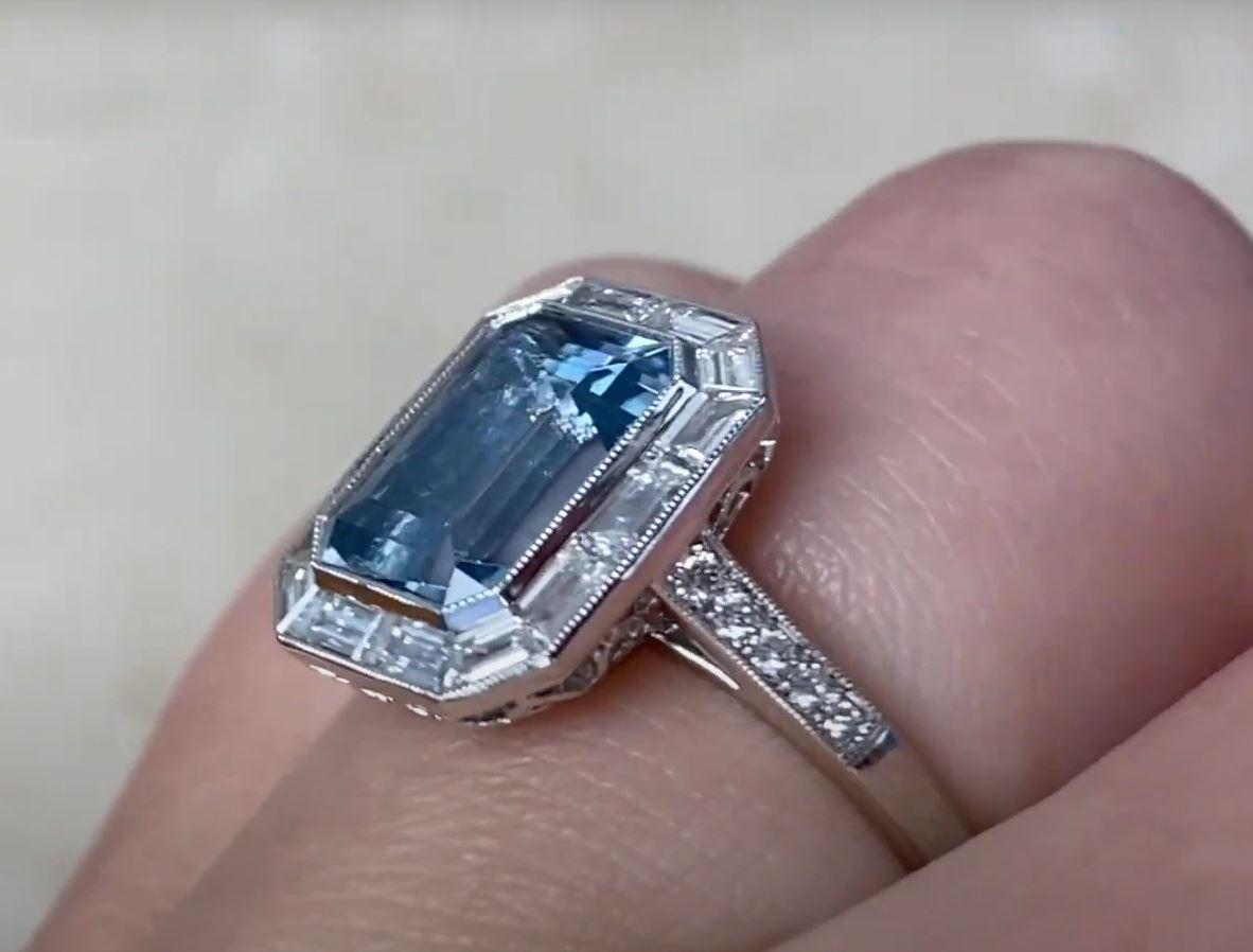 2.80ct Emerald Cut Aquamarine Cocktail Ring, Diamond Halo, Platinum For Sale 2