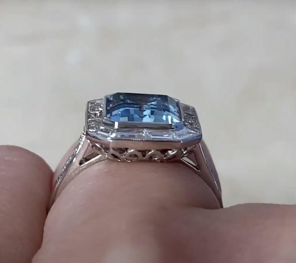 2.80ct Emerald Cut Aquamarine Cocktail Ring, Diamond Halo, Platinum For Sale 3