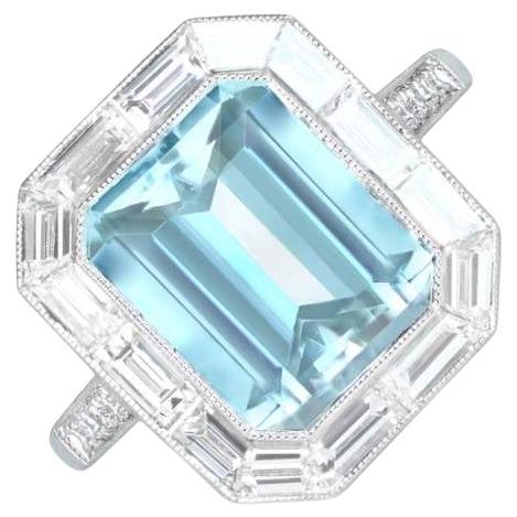 2.80ct Emerald Cut Aquamarine Cocktail Ring, Diamond Halo, Platinum For Sale