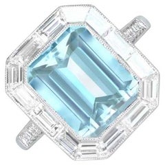2.80ct Emerald Cut Aquamarine Cocktail Ring, Diamond Halo, Platinum