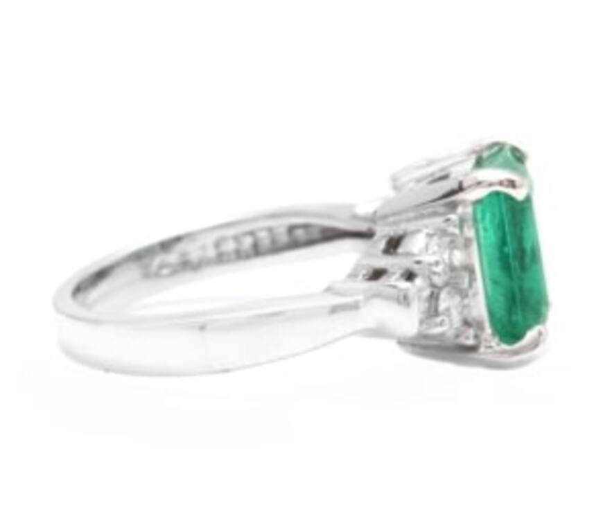 Emerald Cut 2.80 Carat Natural Emerald and Diamond 14 Karat Solid White Gold Ring For Sale