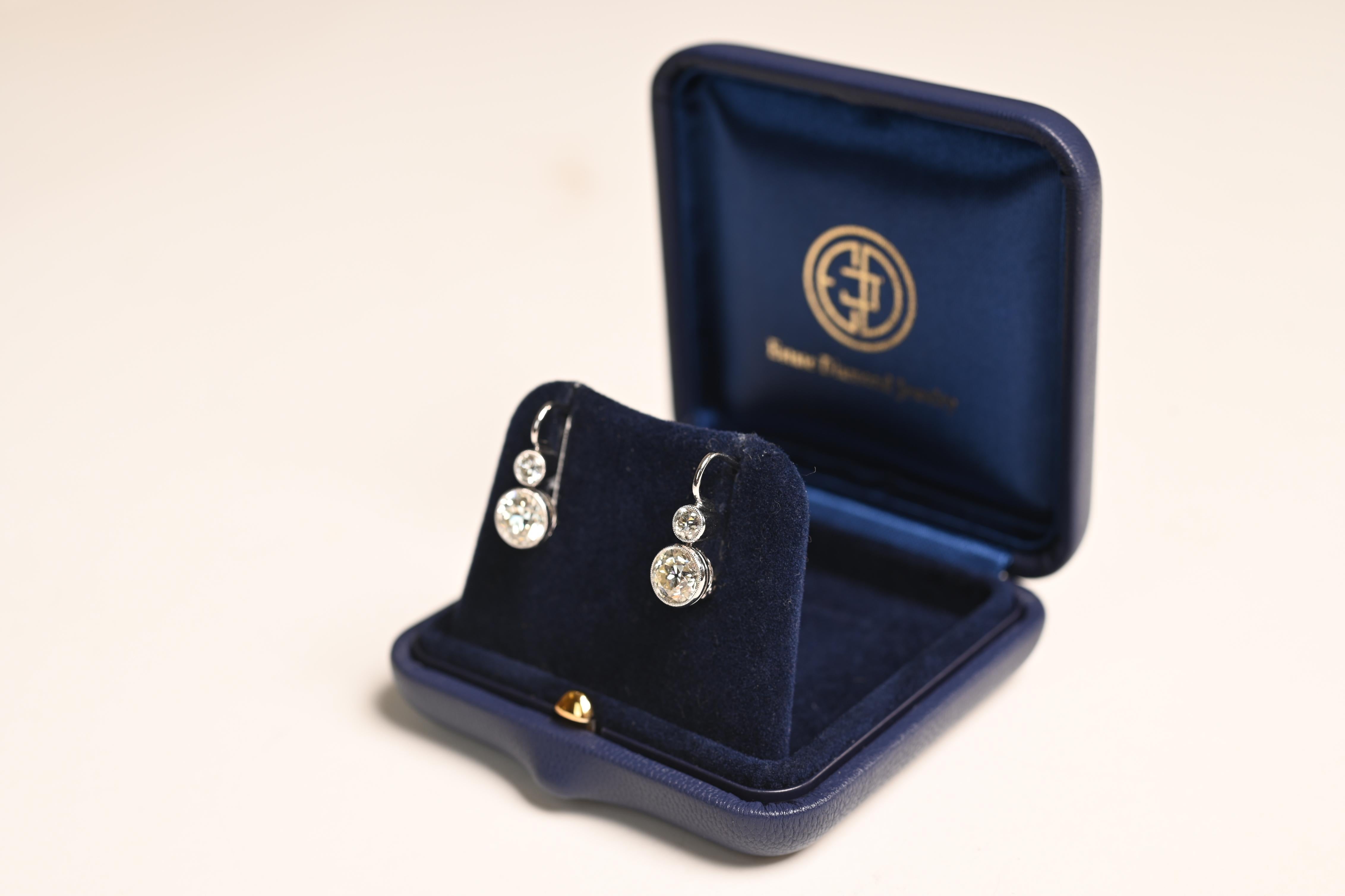 Pendientes de diamantes talla europea antigua (aprox. 2,8 quilates), claridad VS1, platino Art Decó en venta