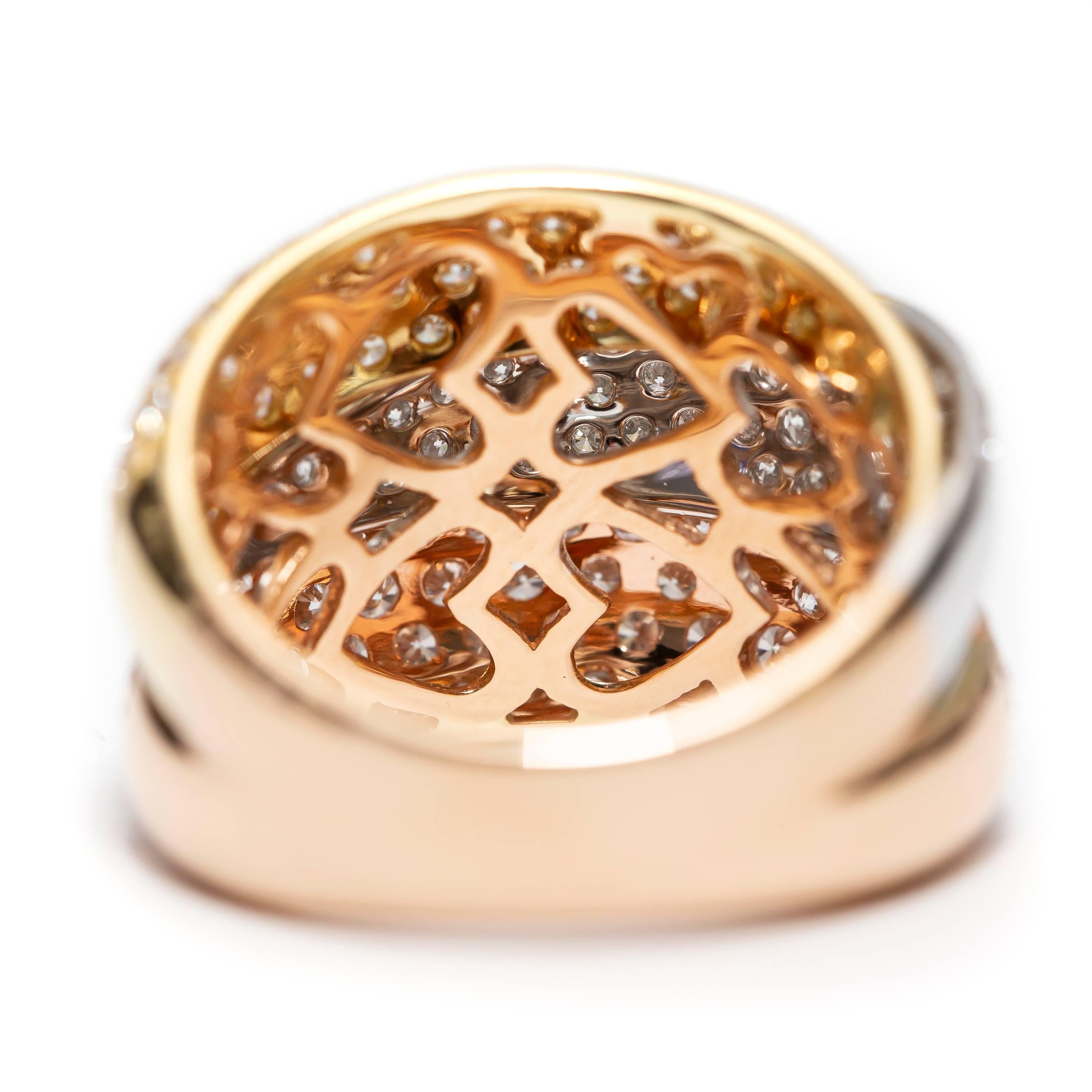 Round Cut 2.80CT Round Diamond Pavé Set 18 Karat 3 Color Gold Fancy Modern Cross Over Ring For Sale