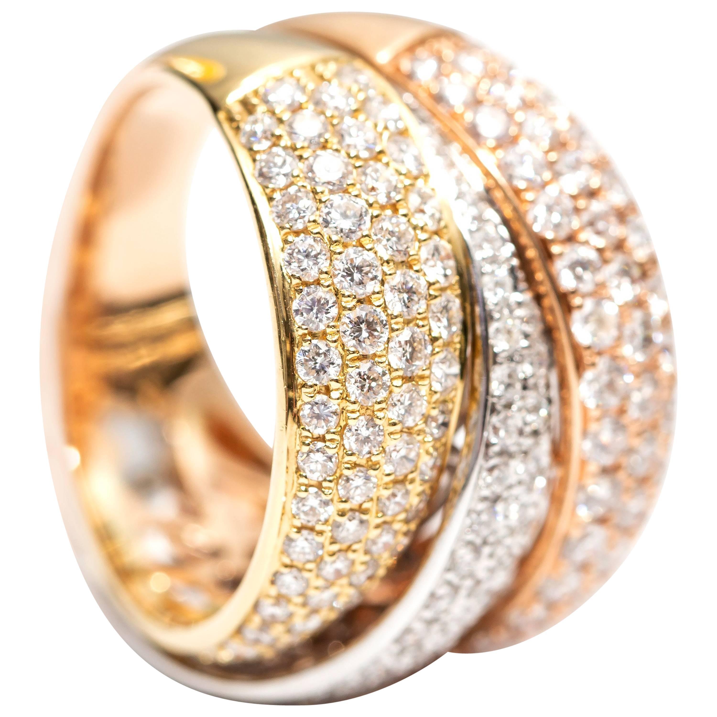 2.80CT Round Diamond Pavé Set 18 Karat 3 Color Gold Fancy Modern Cross Over Ring For Sale