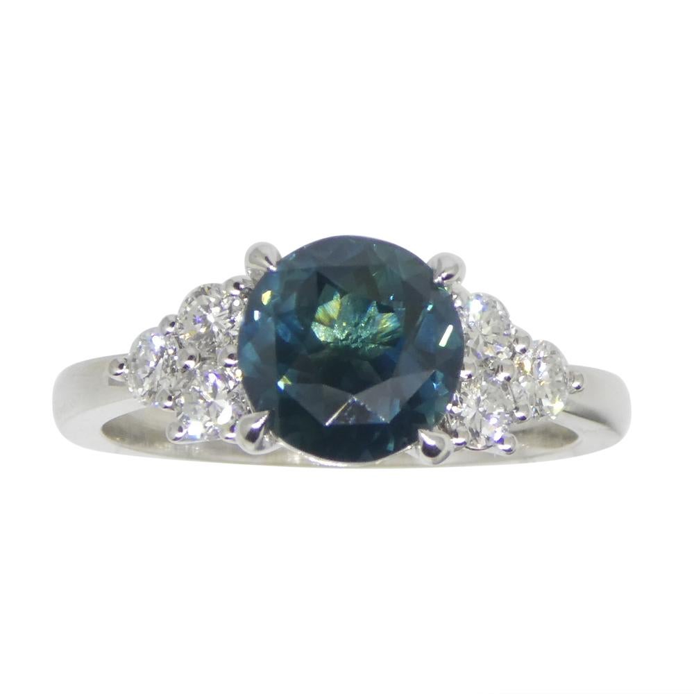 2.80ct Round Teal Blue Sapphire, Diamond Engagement Ring set in 14k White Gold For Sale 5