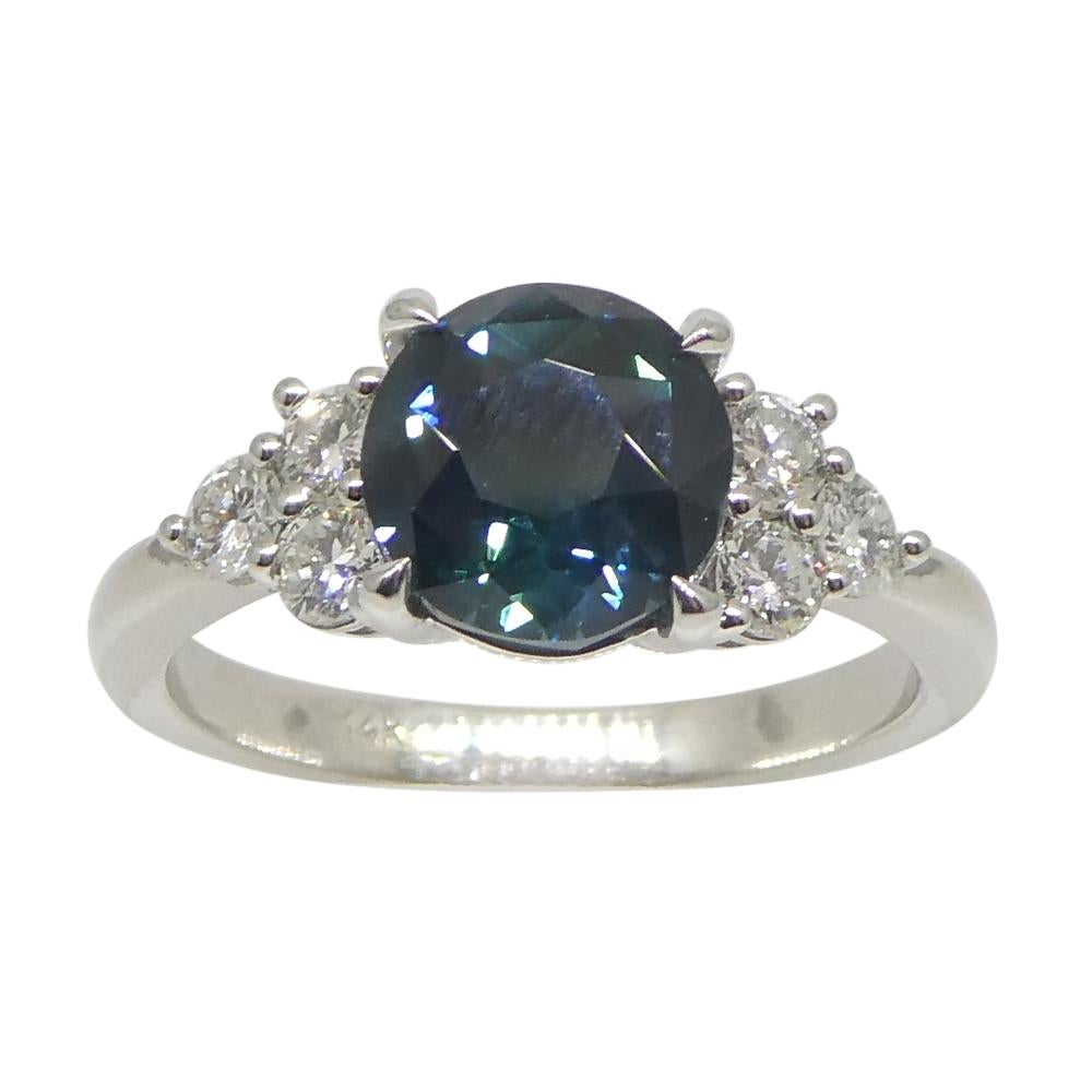2.80ct Round Teal Blue Sapphire, Diamond Engagement Ring set in 14k White Gold For Sale 8