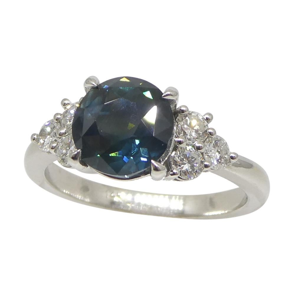 Women's or Men's 2.80ct Round Teal Blue Sapphire, Diamond Engagement Ring set in 14k White Gold For Sale