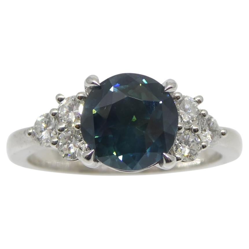 2.80ct Round Teal Blue Sapphire, Diamond Engagement Ring set in 14k White Gold For Sale