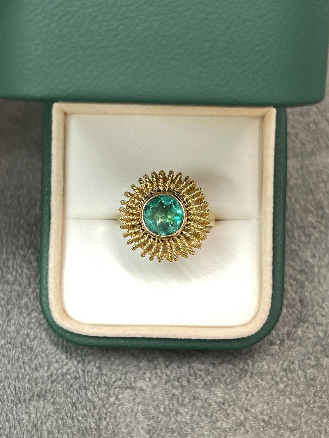 Modern 2.80cts 14K Natural Sea Blue Green Round Cut Emerald Woven Vintage Ring For Sale